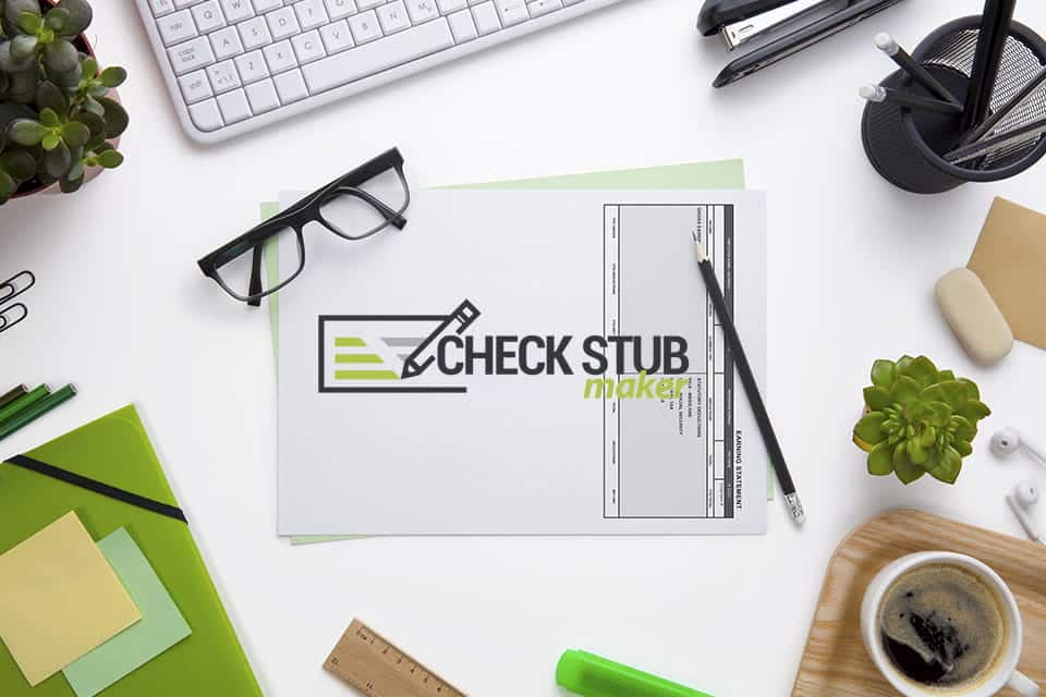 check stub maker logo with an earnings statement form, pencil, glasses, succulents, computer keyboard, and office supplies