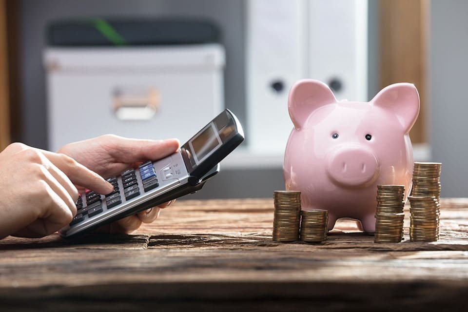 The Basics of Cost Savings hand using a calculator with a pink piggy bank and coins stacked on a table